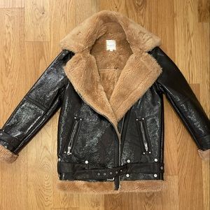 Avec Les Filles metallic oversized leather coat with shearling lining